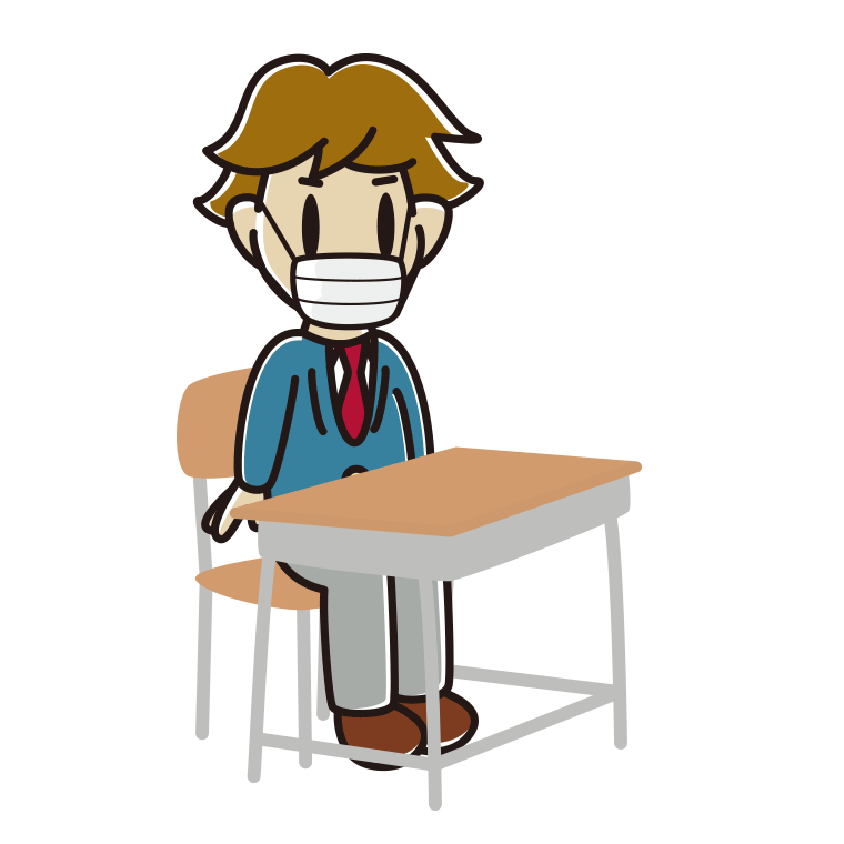 教室の席でマスクをする男子高校生のイラスト【色あり、背景なし】透過PNG