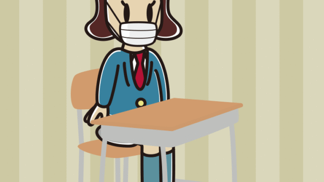 教室の席でマスクをする女子高校生のイラスト【色、背景あり】PNG