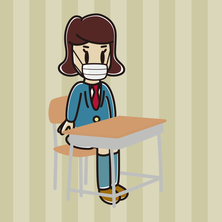 教室の席でマスクをする女子高校生のイラスト【色、背景あり】PNG