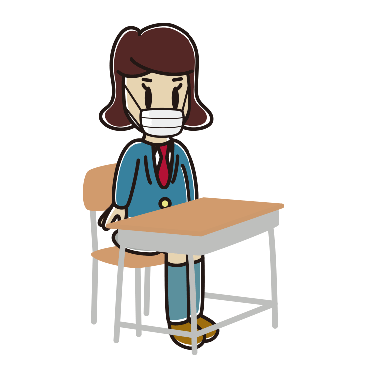 教室の席でマスクをする女子高校生のイラスト【色あり、背景なし】透過PNG