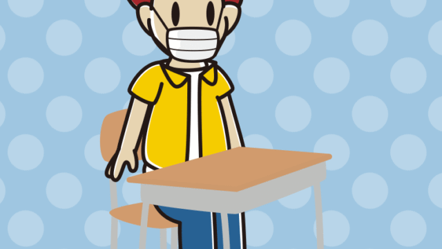 教室の席でマスクをする男子大学生のイラスト【色、背景あり】PNG