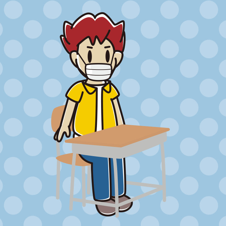 教室の席でマスクをする男子大学生のイラスト【色、背景あり】PNG