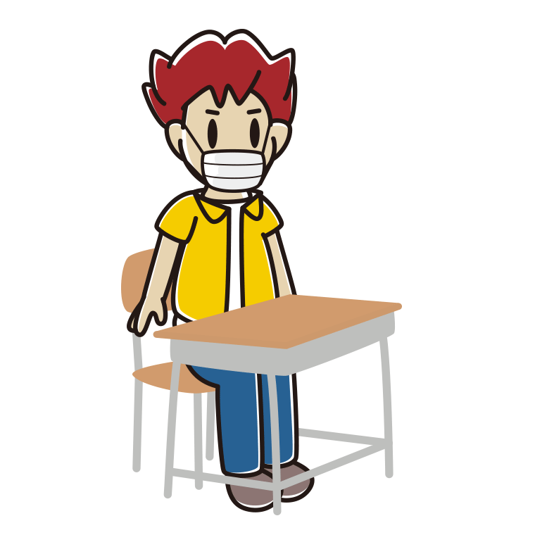 教室の席でマスクをする男子大学生のイラスト【色あり、背景なし】透過PNG