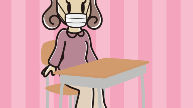 教室の席でマスクをする女子大学生のイラスト【色、背景あり】PNG