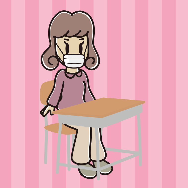 教室の席でマスクをする女子大学生のイラスト【色、背景あり】PNG