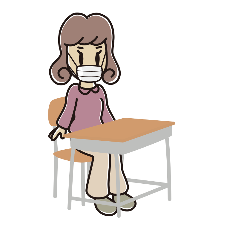 教室の席でマスクをする女子大学生のイラスト【色あり、背景なし】透過PNG