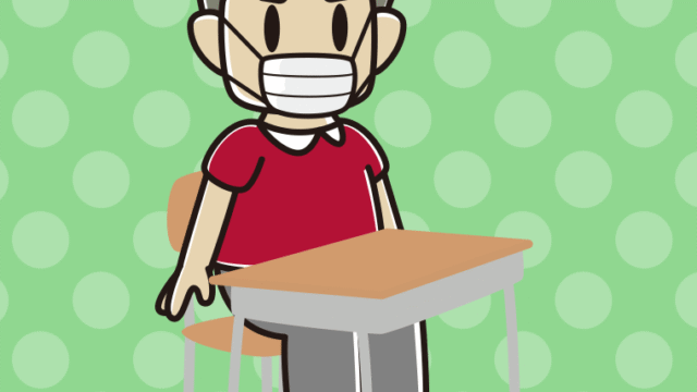 教室の席でマスクをするおじさんのイラスト【色、背景あり】PNG