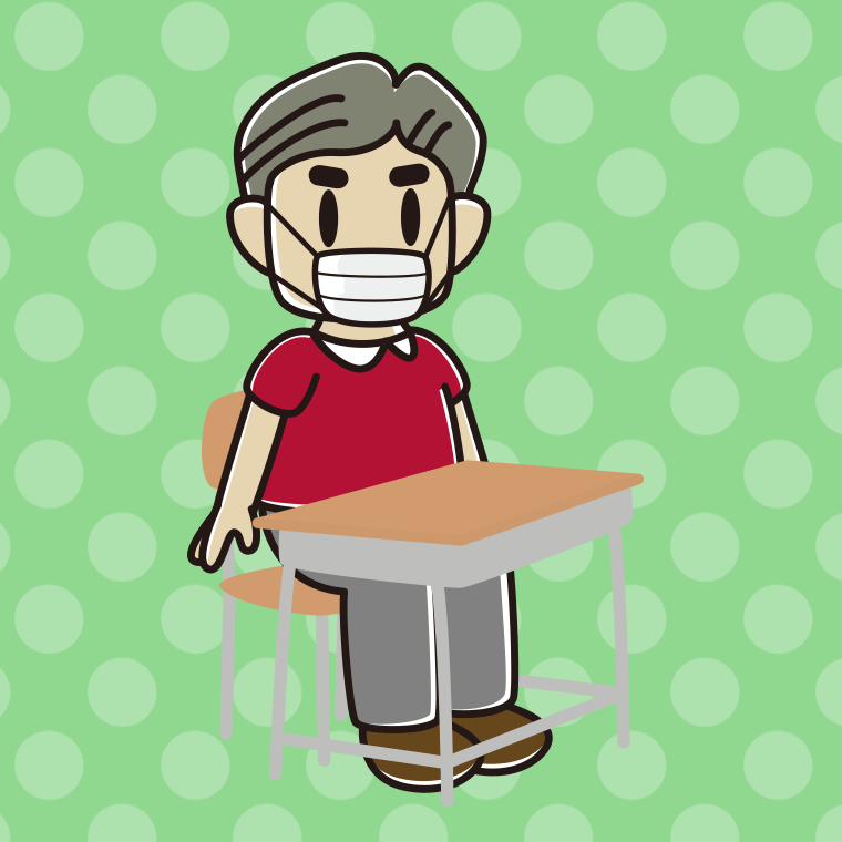 教室の席でマスクをするおじさんのイラスト【色、背景あり】PNG
