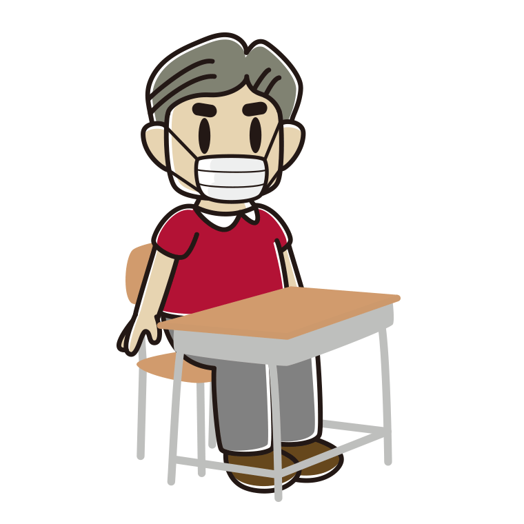 教室の席でマスクをするおじさんのイラスト【色あり、背景なし】透過PNG