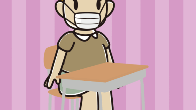教室の席でマスクをするおばさんのイラスト【色、背景あり】PNG