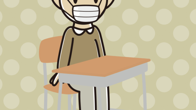 教室の席でマスクをするおじいさんのイラスト【色、背景あり】PNG