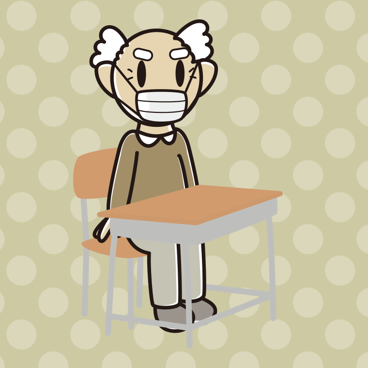 教室の席でマスクをするおじいさんのイラスト【色、背景あり】PNG