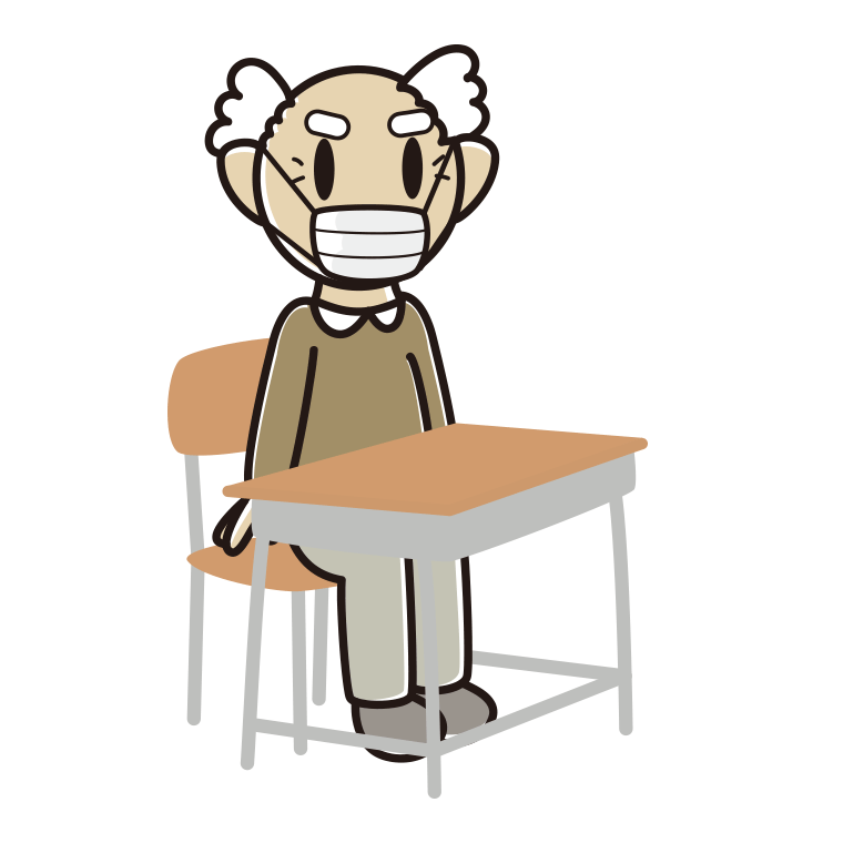 教室の席でマスクをするおじいさんのイラスト【色あり、背景なし】透過PNG