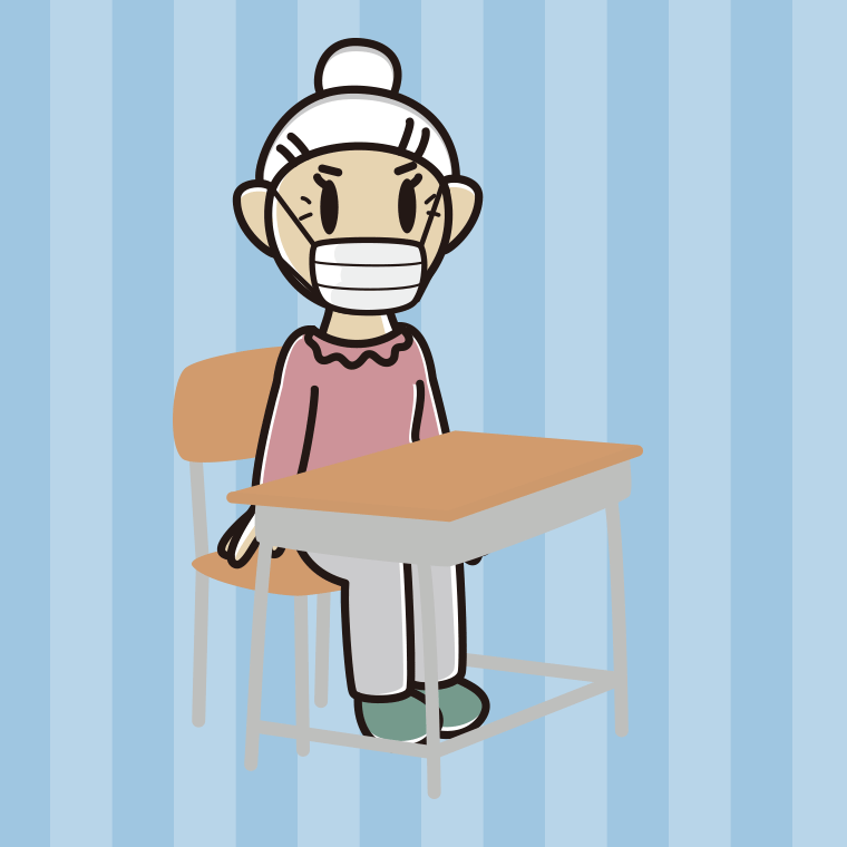 教室の席でマスクをするおばあさんのイラスト【色、背景あり】PNG