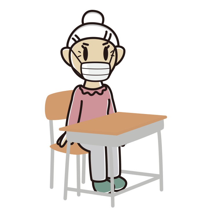 教室の席でマスクをするおばあさんのイラスト【色あり、背景なし】透過PNG