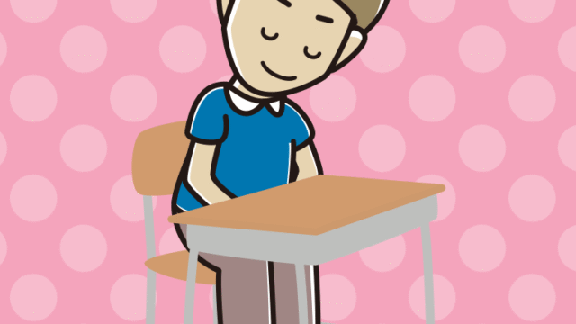 教室の席でお辞儀する男性のイラスト【色、背景あり】PNG