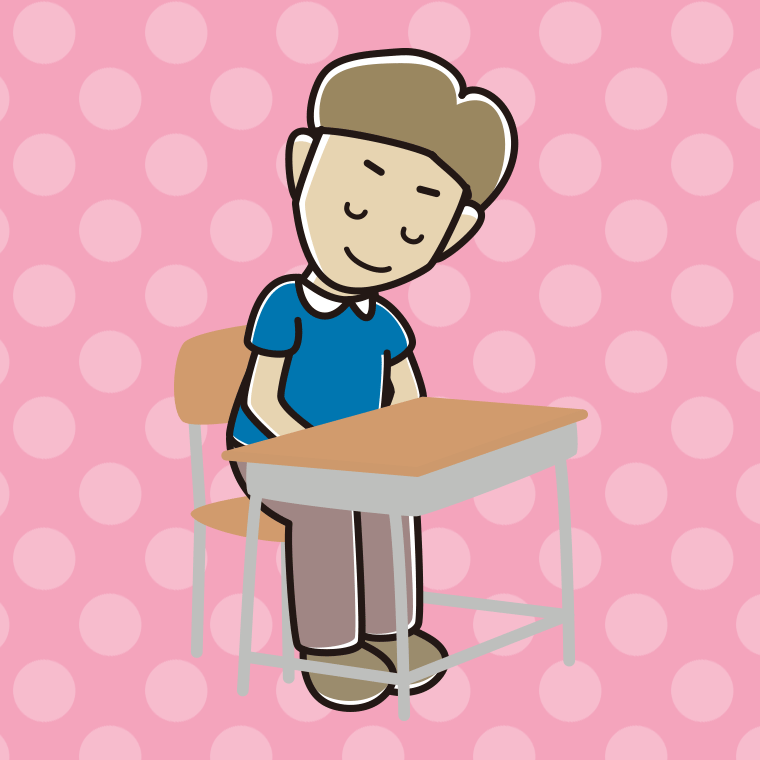 教室の席でお辞儀する男性のイラスト【色、背景あり】PNG