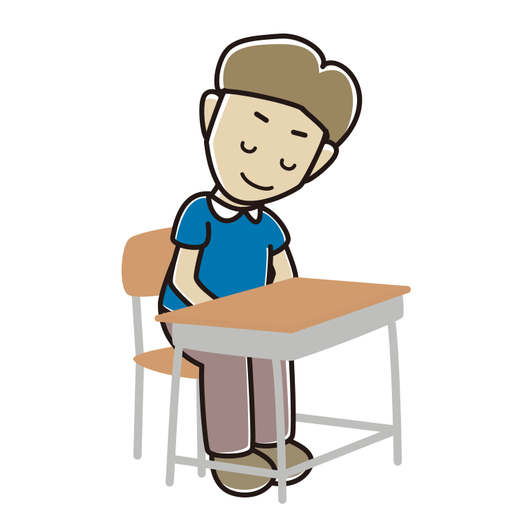 教室の席でお辞儀する男性のイラスト【色あり、背景なし】透過PNG