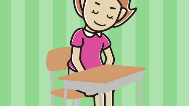 教室の席でお辞儀する女性のイラスト【色、背景あり】PNG