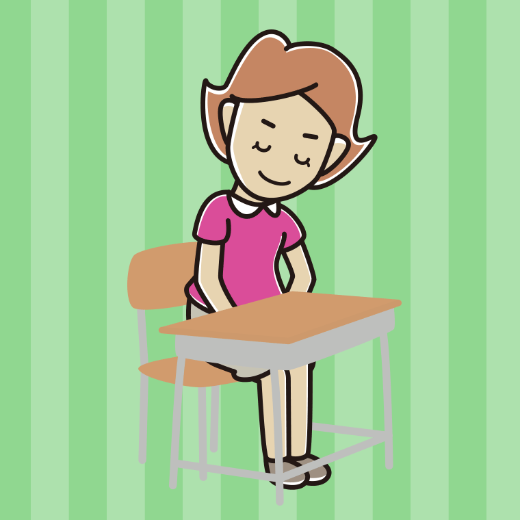教室の席でお辞儀する女性のイラスト【色、背景あり】PNG