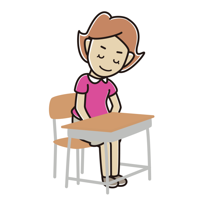 教室の席でお辞儀する女性のイラスト【色あり、背景なし】透過PNG