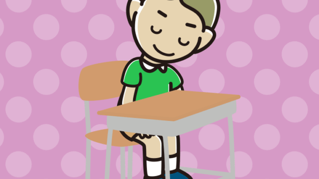 教室の席でお辞儀する小学生男子のイラスト【色、背景あり】PNG