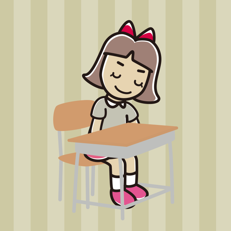 教室の席でお辞儀する小学生女子のイラスト【色、背景あり】PNG