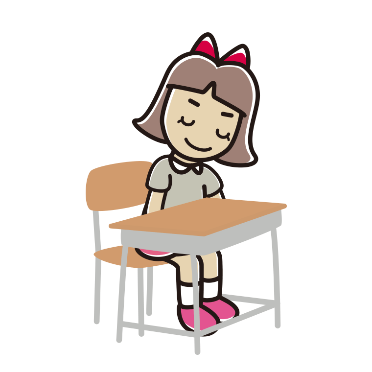 教室の席でお辞儀する小学生女子のイラスト【色あり、背景なし】透過PNG