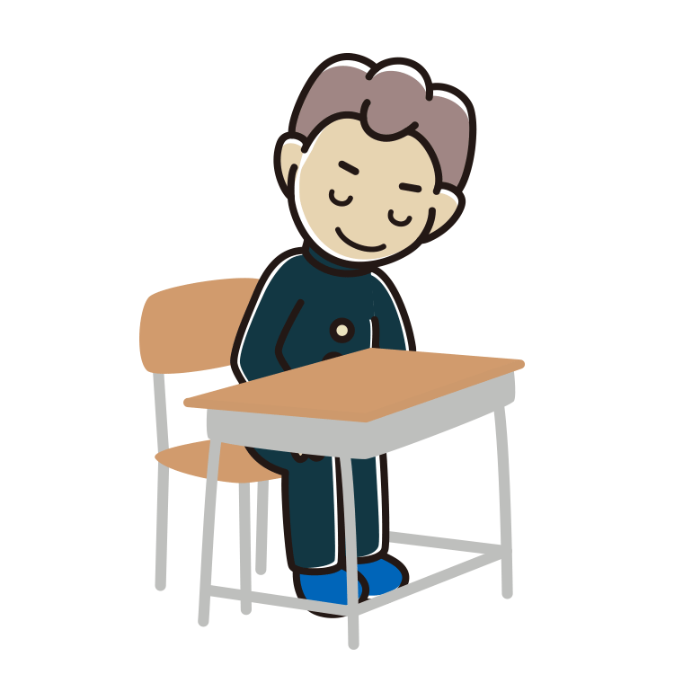 教室の席でお辞儀する男子中学生のイラスト【色あり、背景なし】透過PNG