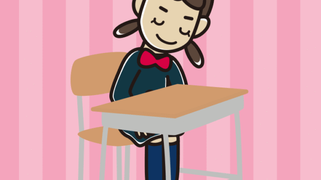 教室の席でお辞儀する女子中学生のイラスト【色、背景あり】PNG