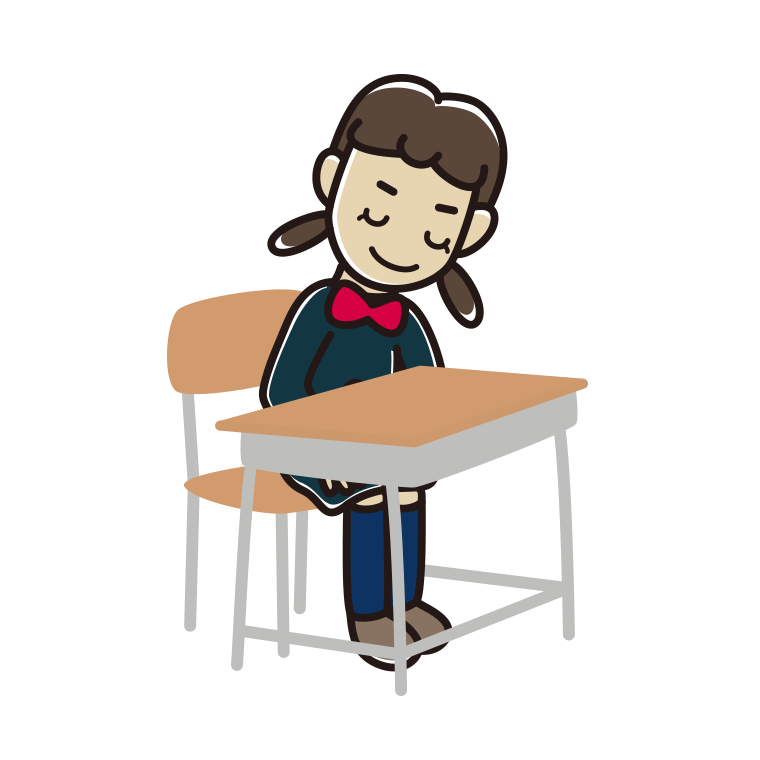 教室の席でお辞儀する女子中学生のイラスト【色あり、背景なし】透過PNG