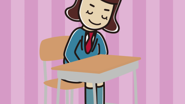 教室の席でお辞儀する女子高校生のイラスト【色、背景あり】PNG