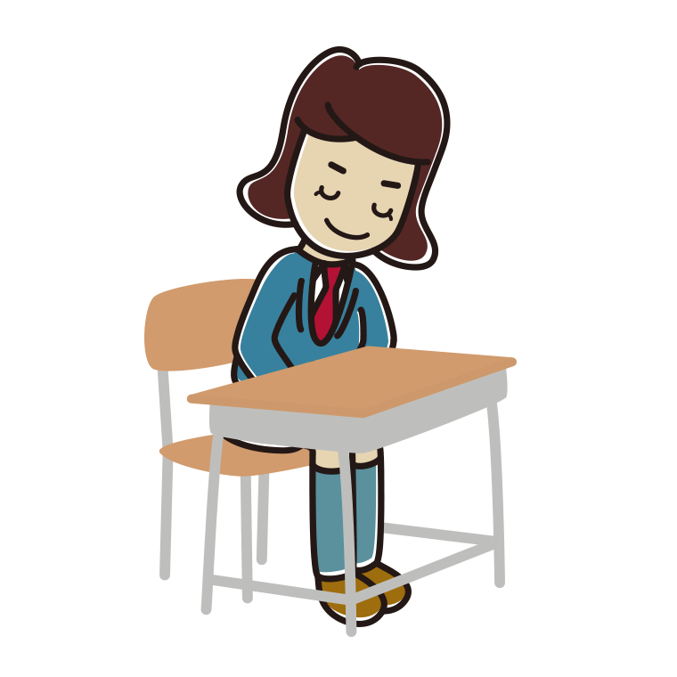 教室の席でお辞儀する女子高校生のイラスト【色あり、背景なし】透過PNG