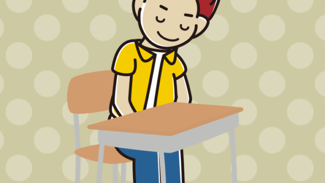 教室の席でお辞儀する男子大学生のイラスト【色、背景あり】PNG