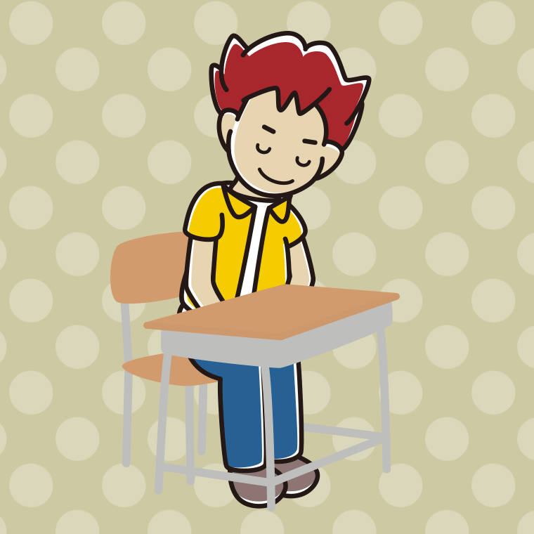 教室の席でお辞儀する男子大学生のイラスト【色、背景あり】PNG