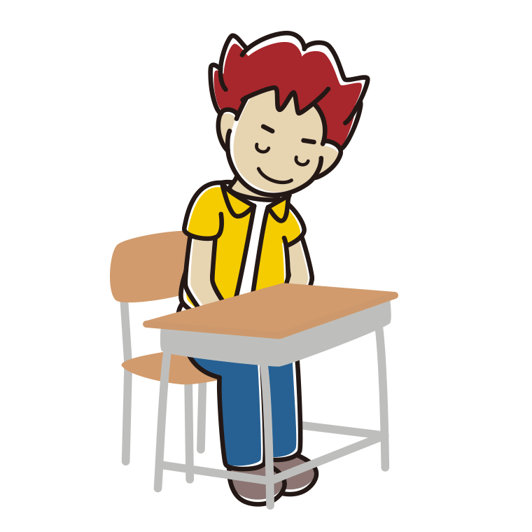教室の席でお辞儀する男子大学生のイラスト【色あり、背景なし】透過PNG