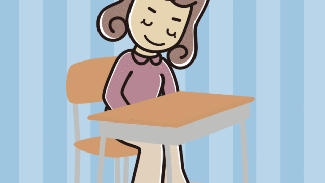 教室の席でお辞儀する女子大学生のイラスト【色、背景あり】PNG