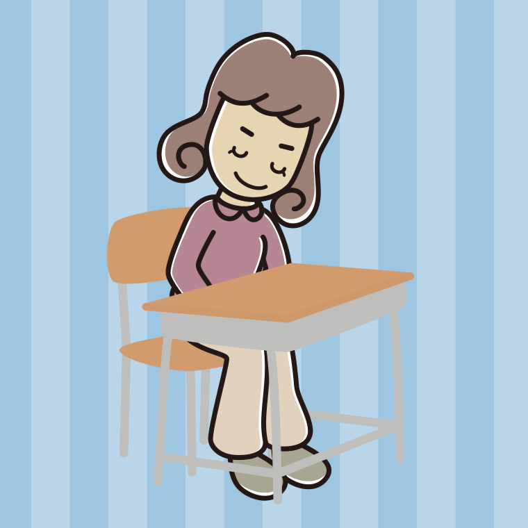 教室の席でお辞儀する女子大学生のイラスト【色、背景あり】PNG