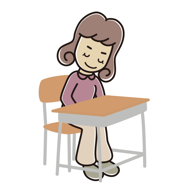教室の席でお辞儀する女子大学生のイラスト【色あり、背景なし】透過PNG