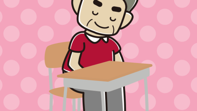 教室の席でお辞儀するおじさんのイラスト【色、背景あり】PNG