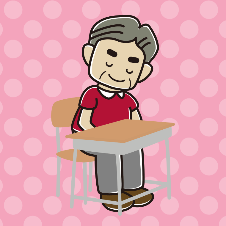 教室の席でお辞儀するおじさんのイラスト【色、背景あり】PNG