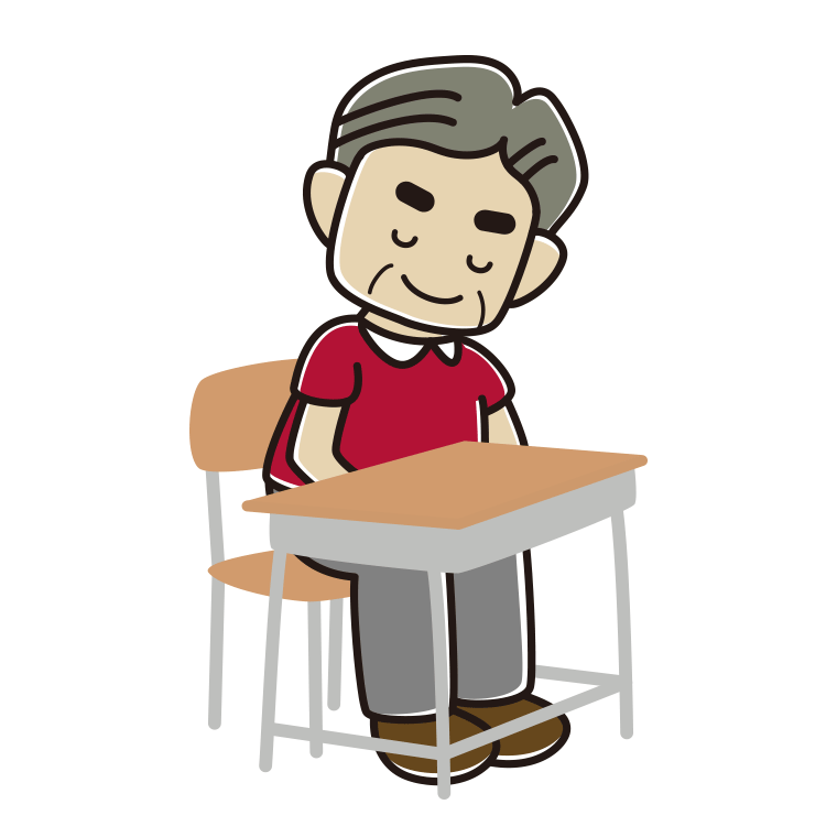 教室の席でお辞儀するおじさんのイラスト【色あり、背景なし】透過PNG