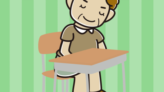 教室の席でお辞儀するおばさんのイラスト【色、背景あり】PNG