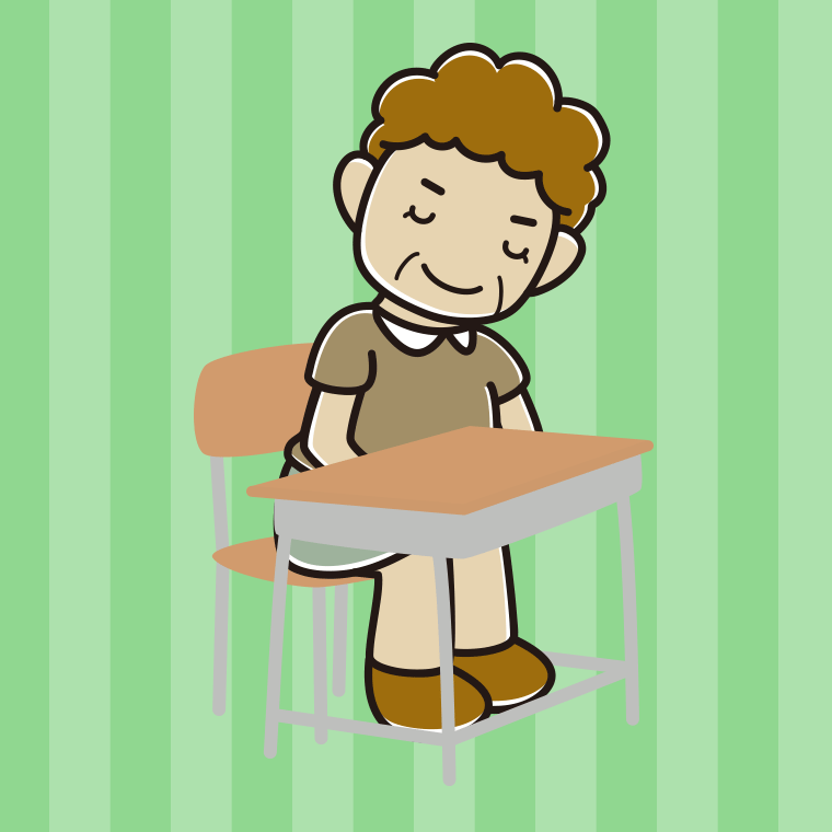 教室の席でお辞儀するおばさんのイラスト【色、背景あり】PNG