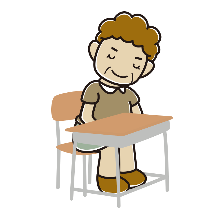 教室の席でお辞儀するおばさんのイラスト【色あり、背景なし】透過PNG