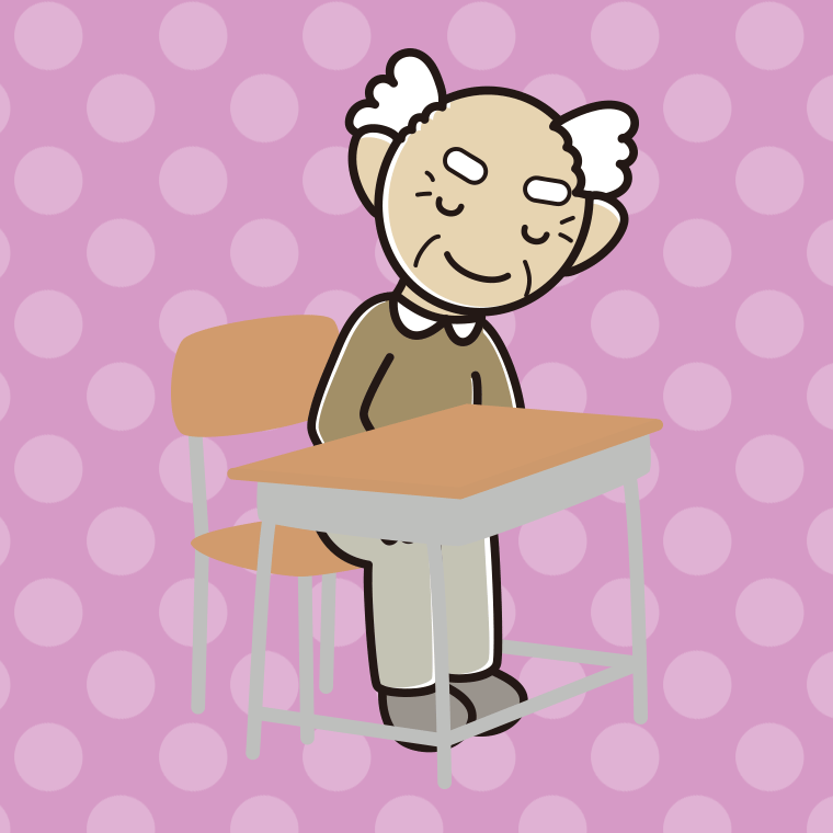 教室の席でお辞儀するおじいさんのイラスト【色、背景あり】PNG