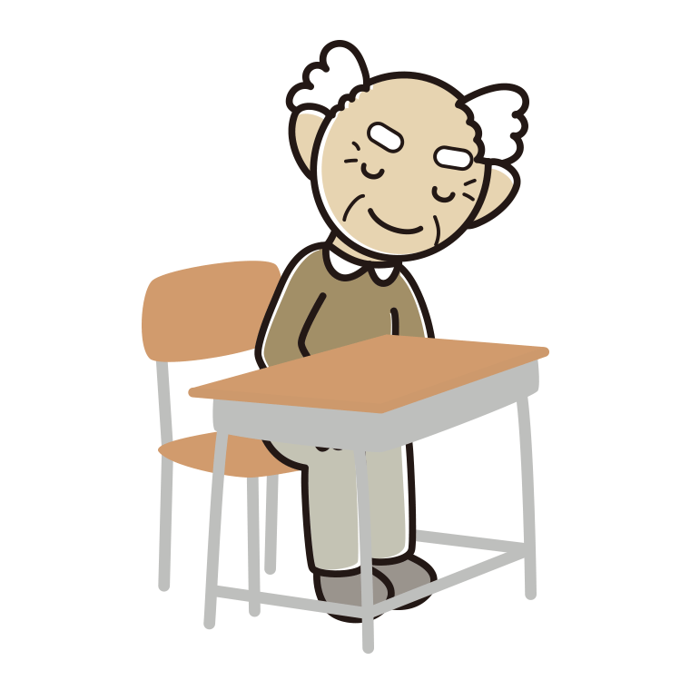 教室の席でお辞儀するおじいさんのイラスト【色あり、背景なし】透過PNG