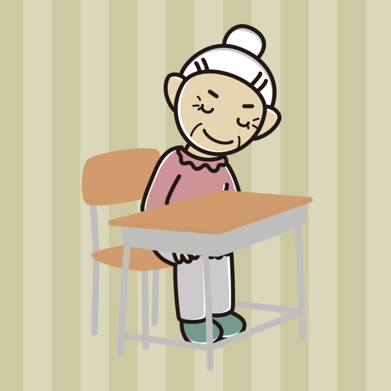 教室の席でお辞儀するおばあさんのイラスト【色、背景あり】PNG