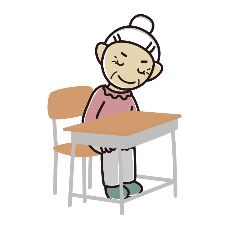 教室の席でお辞儀するおばあさんのイラスト【色あり、背景なし】透過PNG