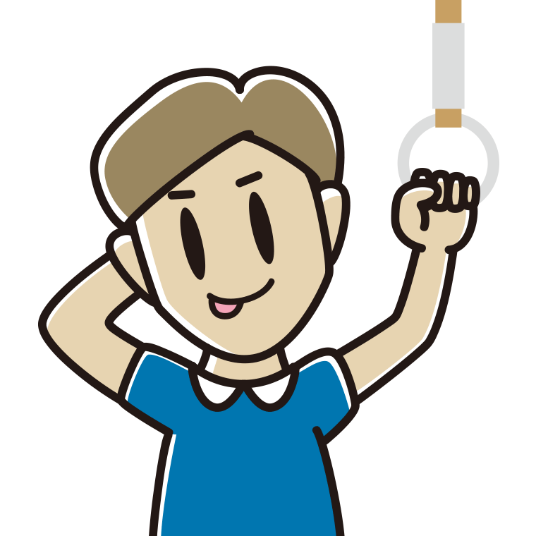 つり革につかまりテヘヘな男性のイラスト【色あり、背景なし】透過PNG